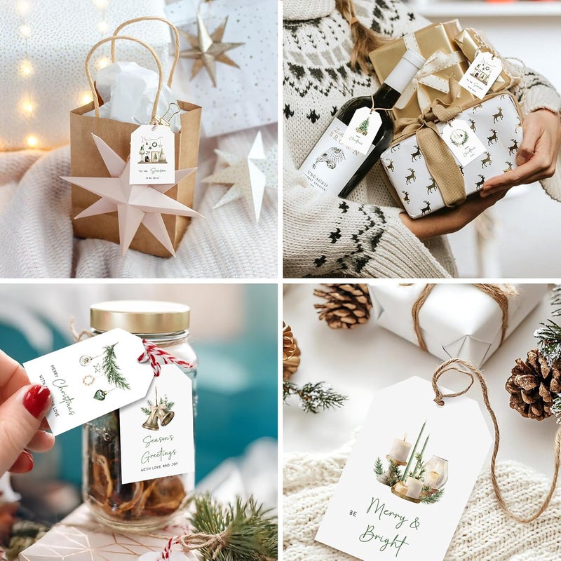 AUDREE 50 Pcs Boho Green Christmas Gift Tags with String – Rustic Minimalist Holiday Tags for Xmas Presents – Elegant Green & Wood Tone Gift Labels for Wrapping, Cards & DIY Crafts - Image 5